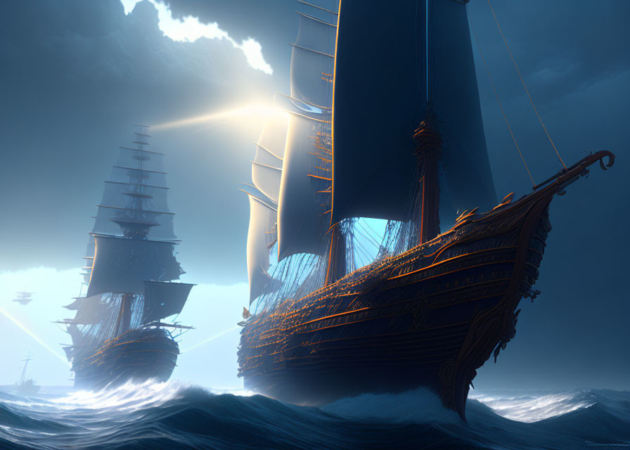 Majestic sailing ships in rough seas under sunlight spotlight.