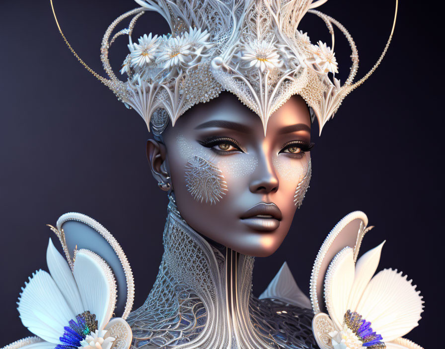 Fantasy-inspired 3D render of woman with intricate white headdress and butterfly motifs