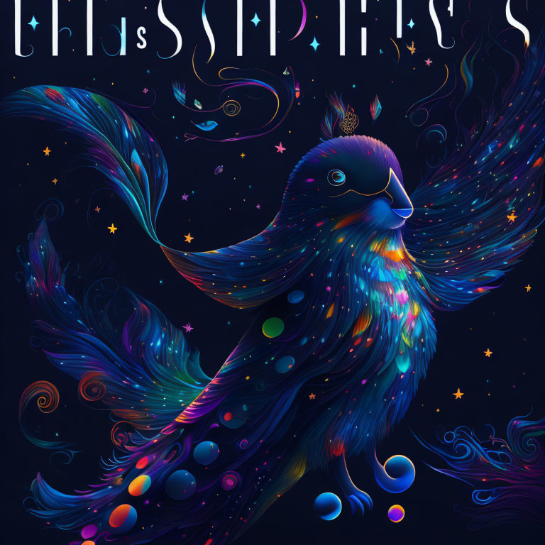 Colorful bird illustration with intricate feathers on celestial-themed background