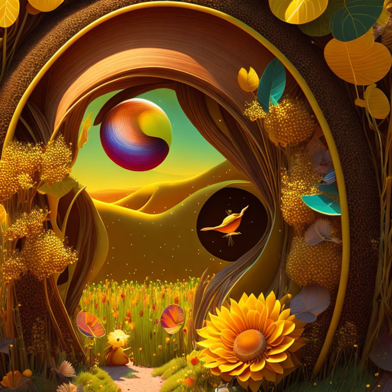 Colorful fantasy landscape with flying creature and sunflower in arch view