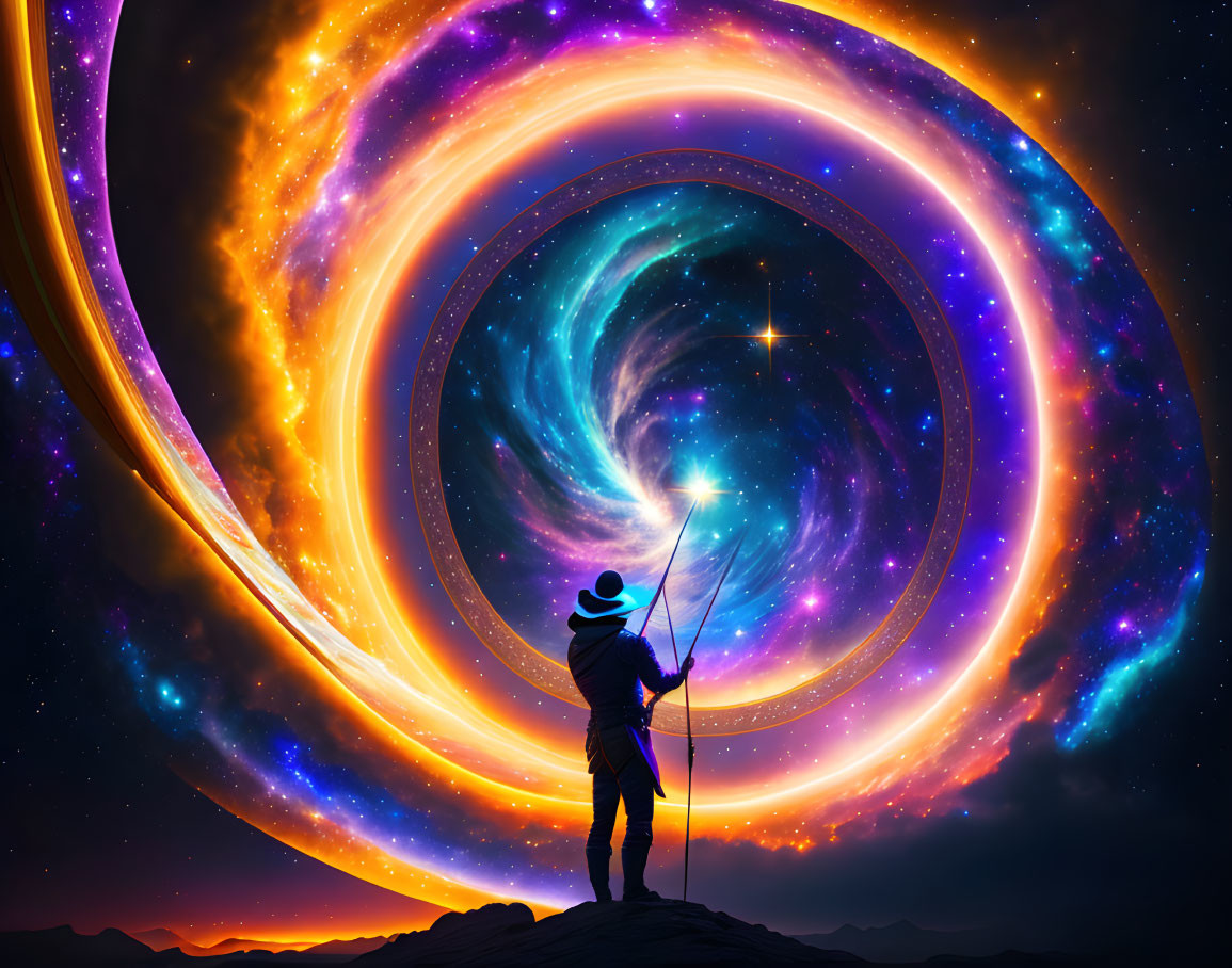 Silhouetted figure with staff gazes at cosmic swirl on mountain