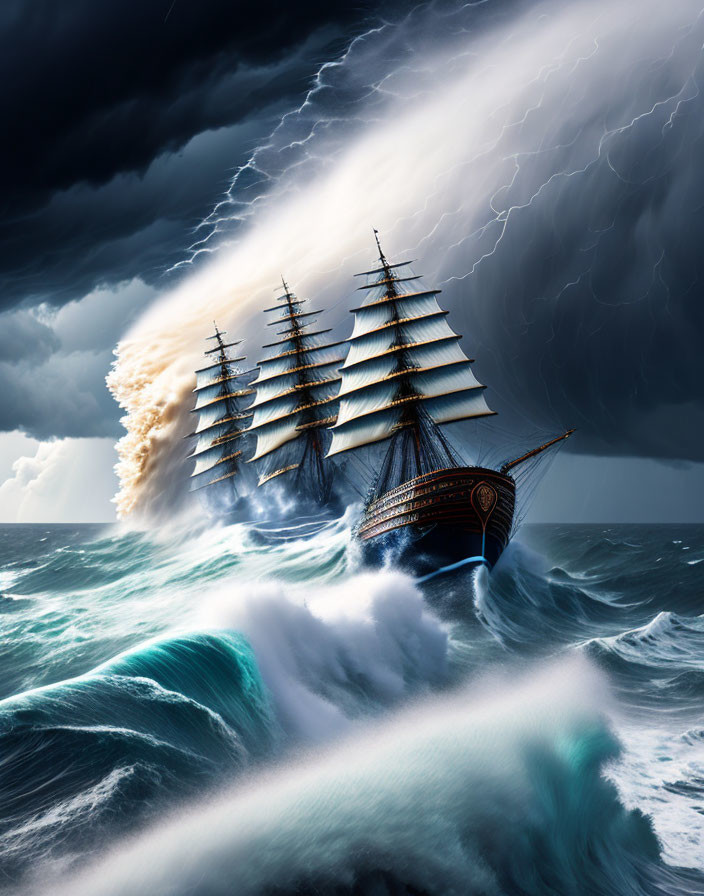 Tall Ship Sailing in Stormy Sea with Lightning