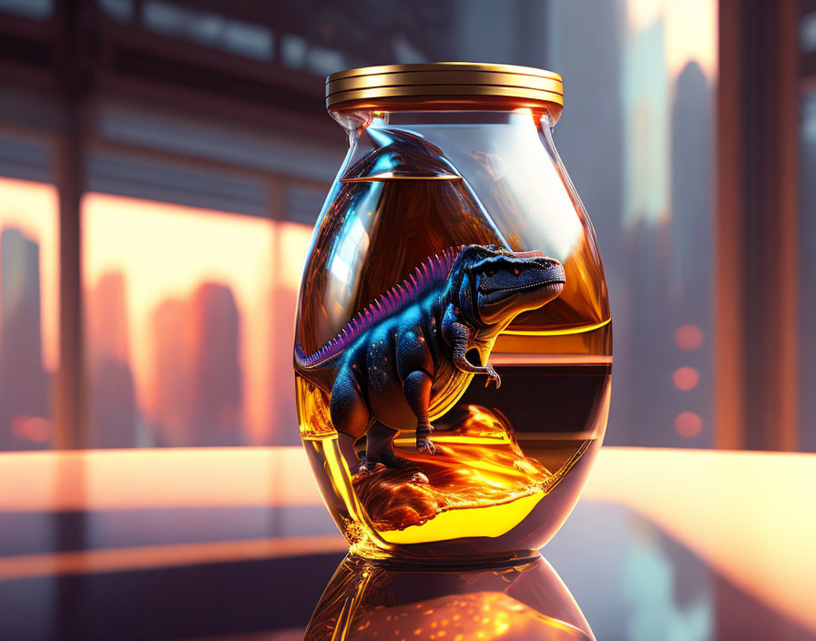 Tyrannosaurus Rex Figurine in Glass Jar with Honey-like Substance