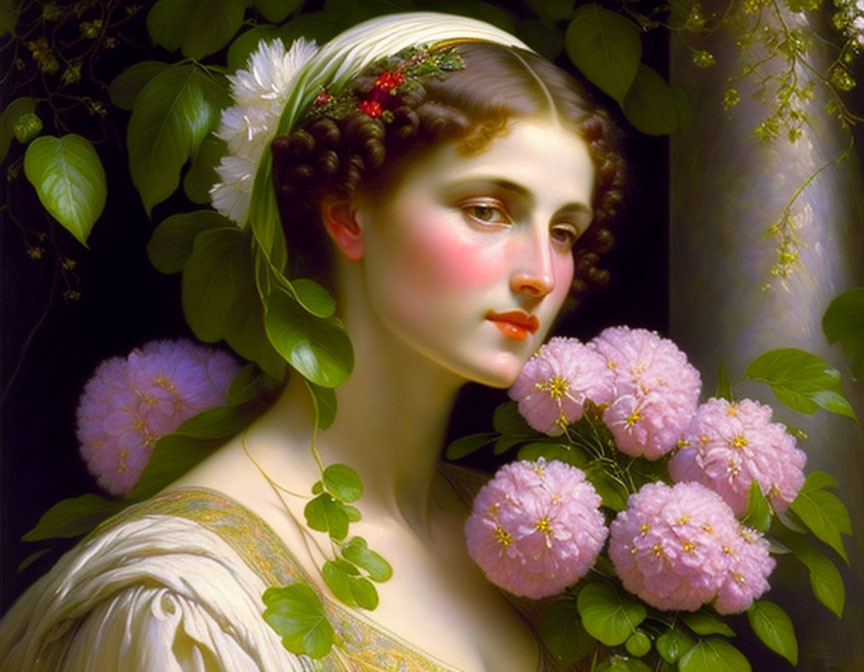 Portrait of fair-skinned woman with white headpiece and red berries, surrounded by pink flowers and green