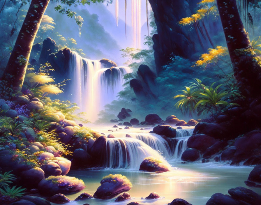 Tranquil fantasy landscape with waterfalls, river, lush flora, and ethereal light