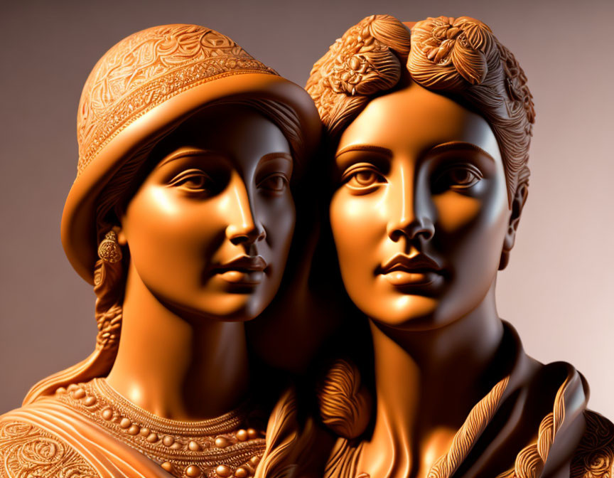 Classical-style Female Sculptures with Detailed Hair and Headwear in Warm Sepia Light