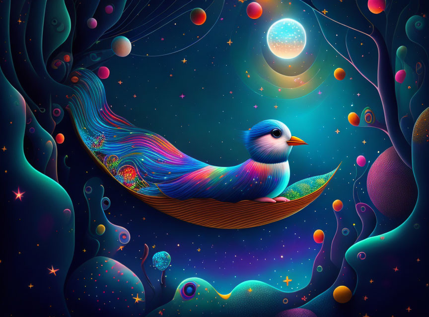 Colorful Bird Illustration in Cosmic Setting with Stars and Swirling Patterns