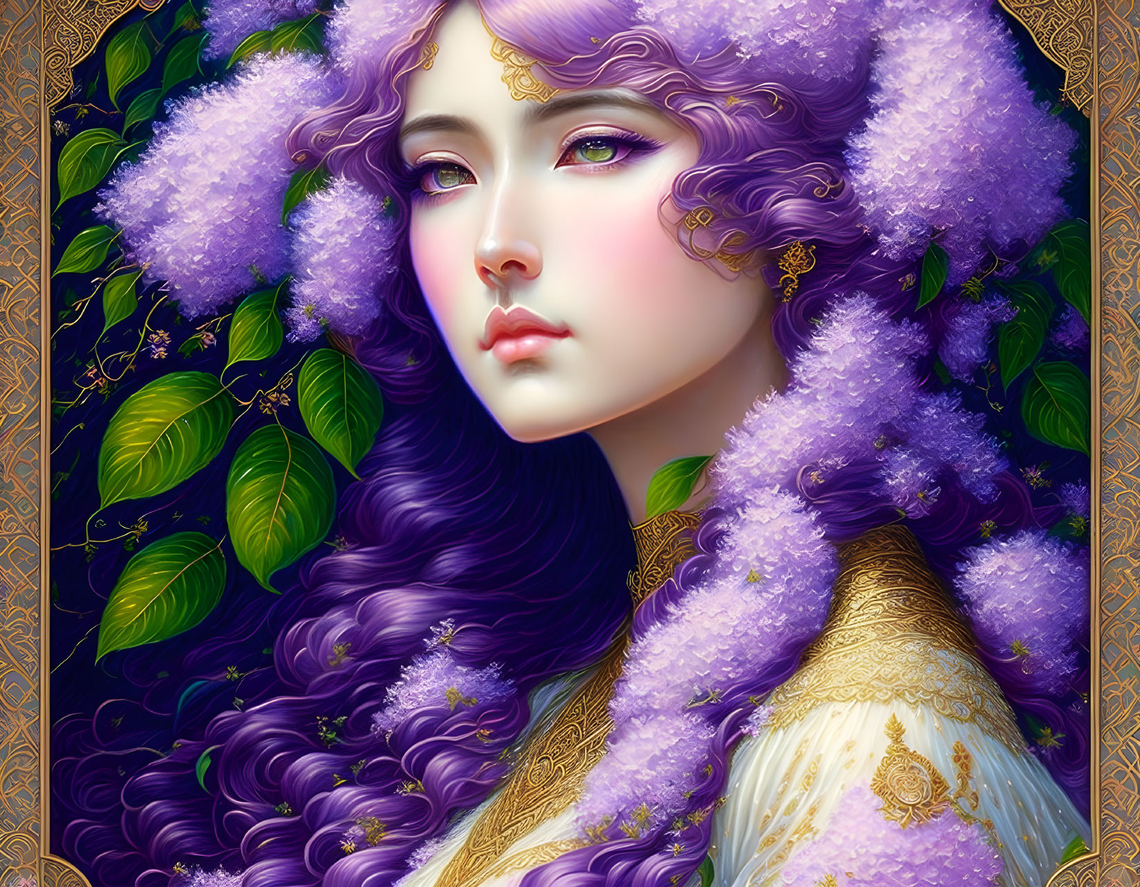 Illustration of woman with purple wisteria flowers in voluminous hair and intricate gold jewelry