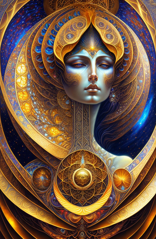 Mystical portrait of female figure with gold and blue cosmic patterns