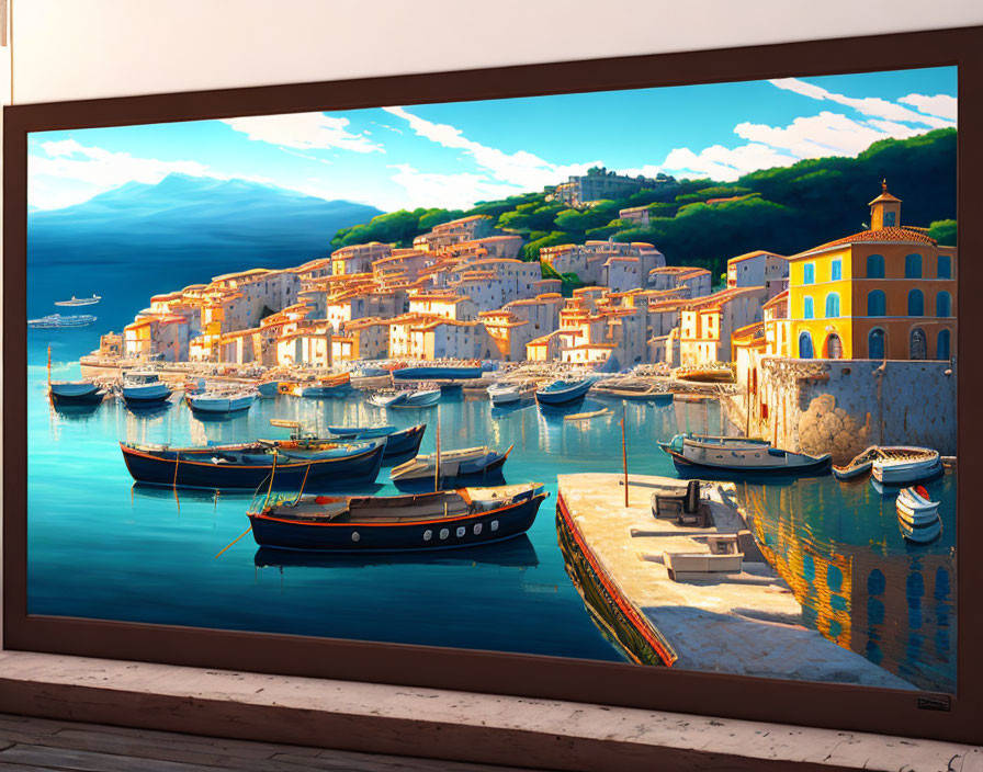 Colorful Mediterranean Coastal Village Painting with Boats and Bright Sky