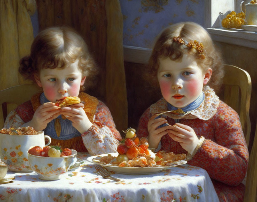 Children at table enjoying sandwiches and fruit in vintage ambiance