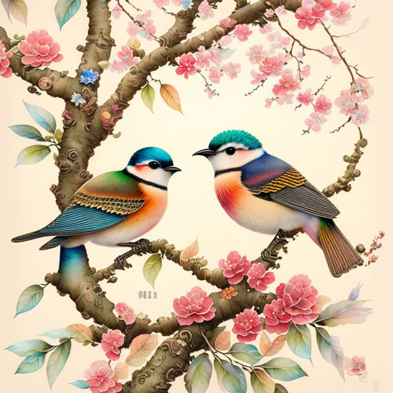 Colorful Birds Perched on Blossoming Branch with Pink Flowers