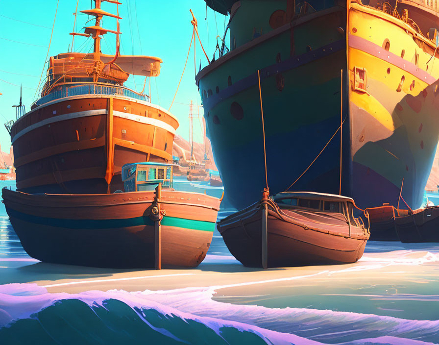 Vibrant ships in serene harbor under sunny sky