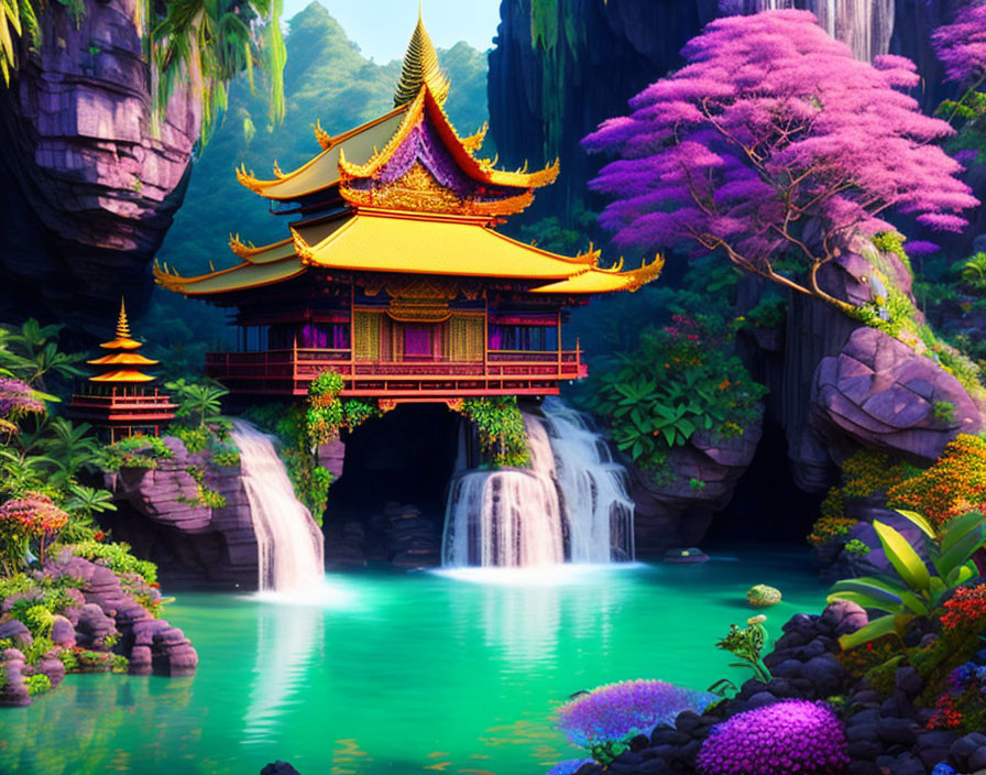 Traditional Asian Pagoda Surrounded by Vibrant Nature