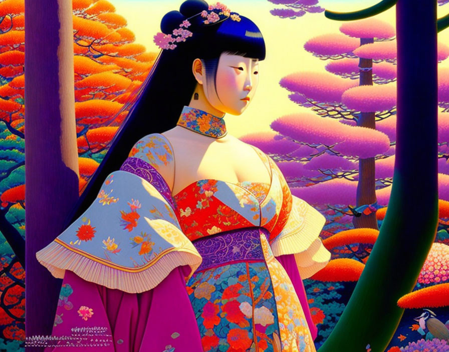 Traditional Japanese attire woman amidst colorful trees with peacock