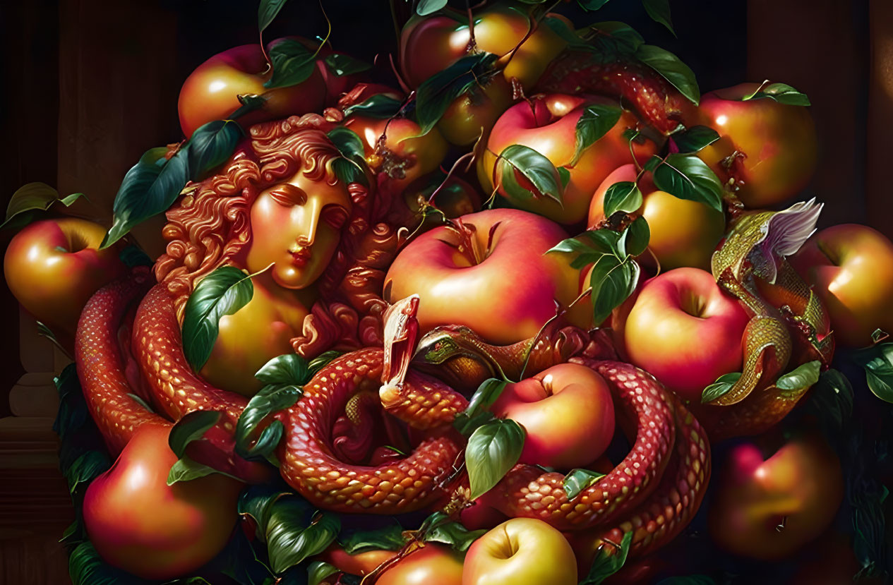 Detailed artwork: person with apples, snake, and hummingbird.