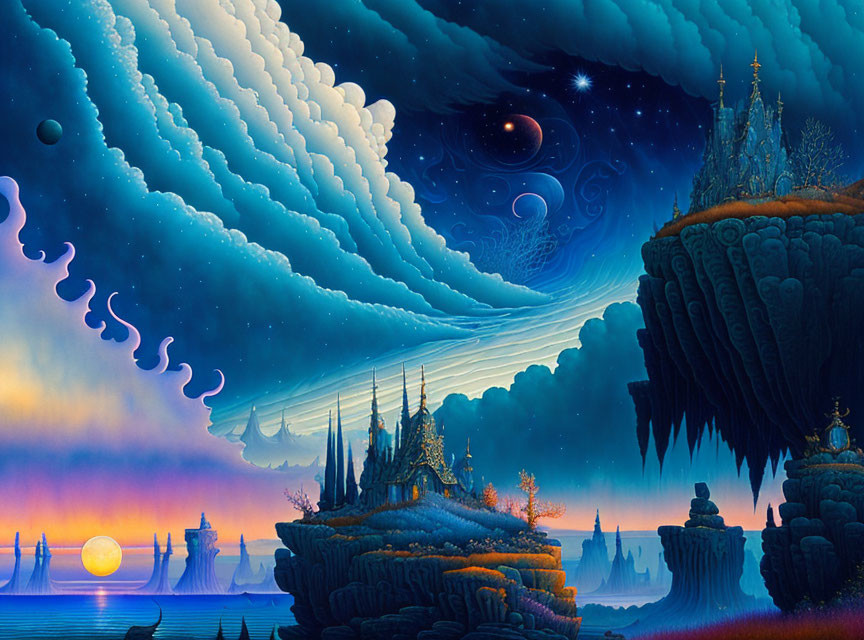 Surreal landscape with floating islands, starry vortex, castles, and ocean at sunset