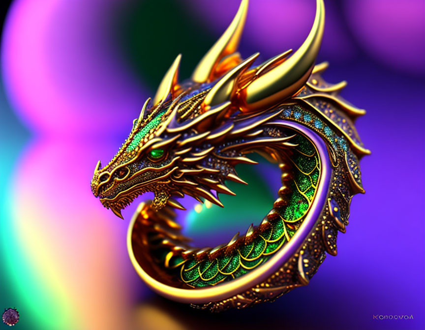 Metallic ornate dragon with intricate scales and horns on colorful blurred background