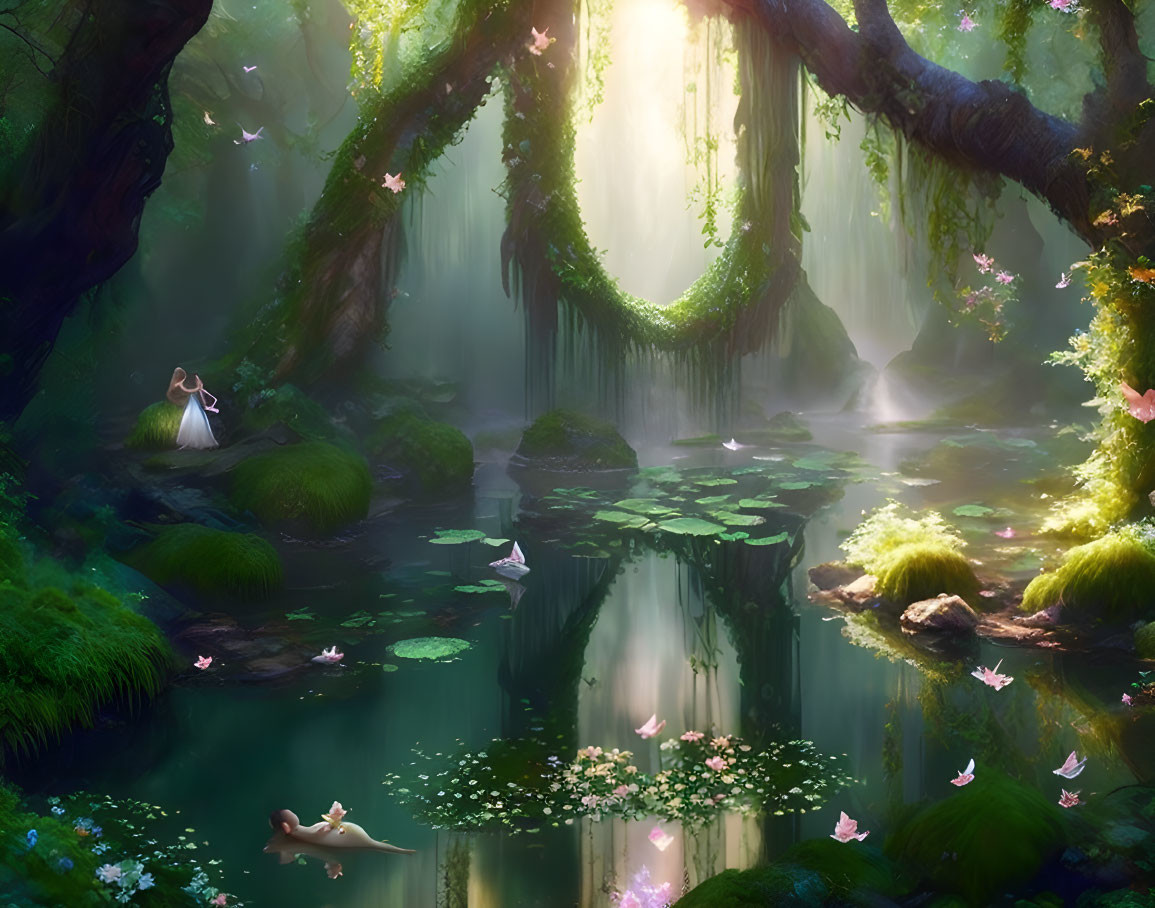 Tranquil forest scene with pond, vines, flowers, butterflies, and figures harmonizing.