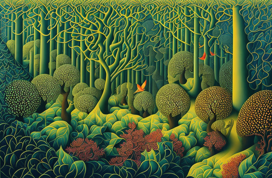 Vibrant forest painting with intricate trees and wildlife hints