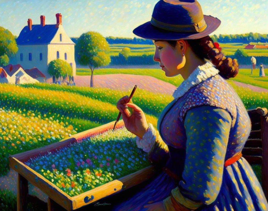 Woman painting floral scene in hat against sunlit countryside