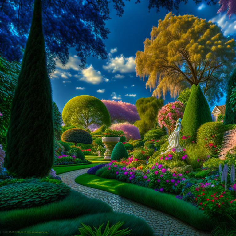 Manicured garden with colorful flowers and winding path at twilight