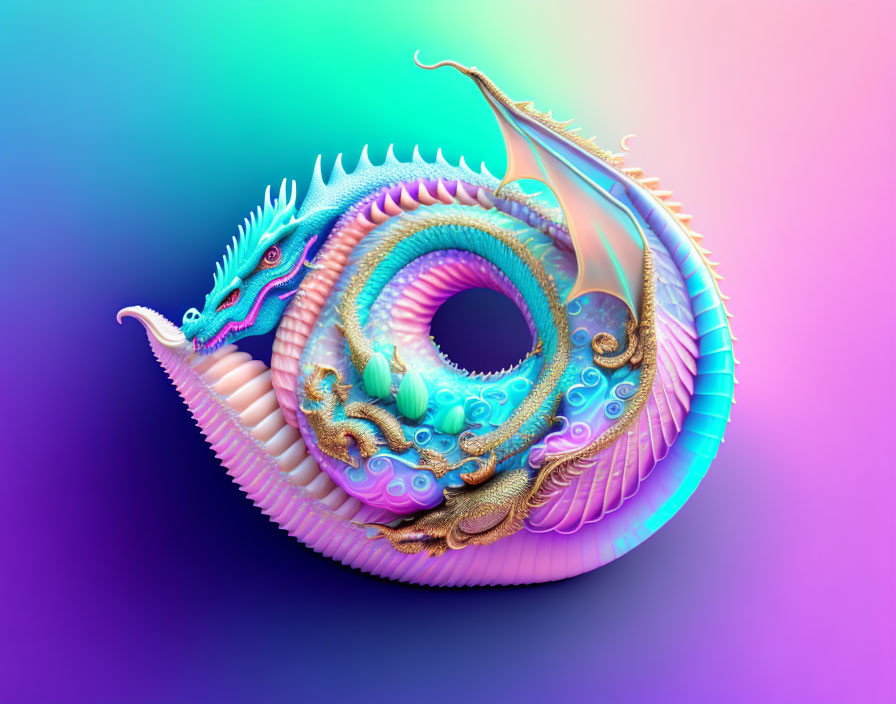 Colorful digital artwork: Spiraled dragon creature merges with seashell structure in blue, purple,