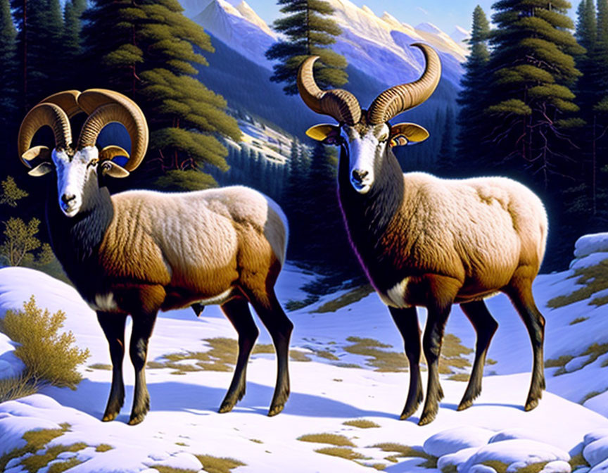 Bighorn sheep in snow with forest and mountain backdrop