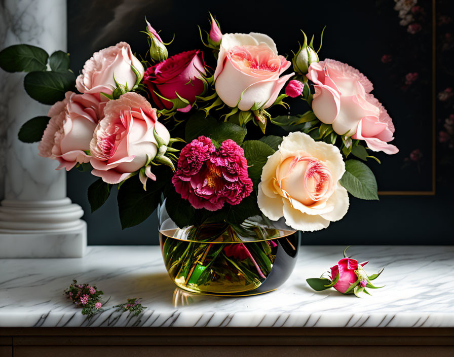 Pink roses and peonies in glass vase on marble surface