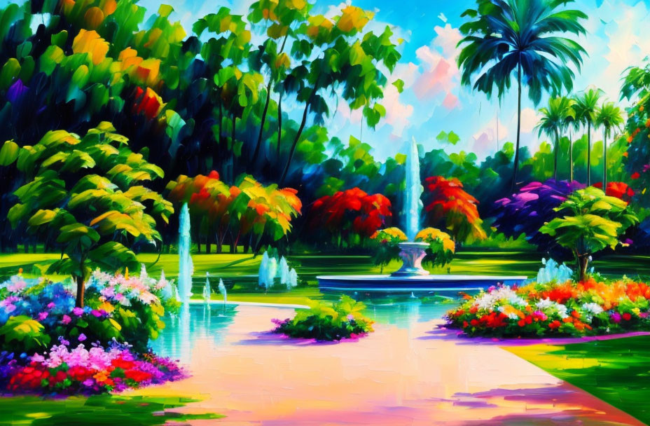 Impressionistic painting of lush garden with blooming flowers, palm trees, fountains, and reflective