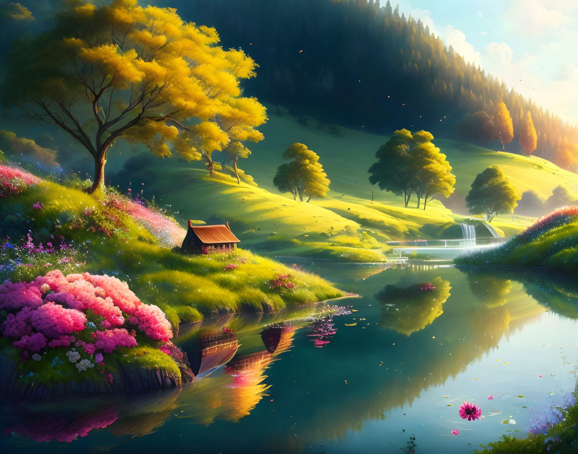 Tranquil landscape with green meadow, flowers, hut, and river