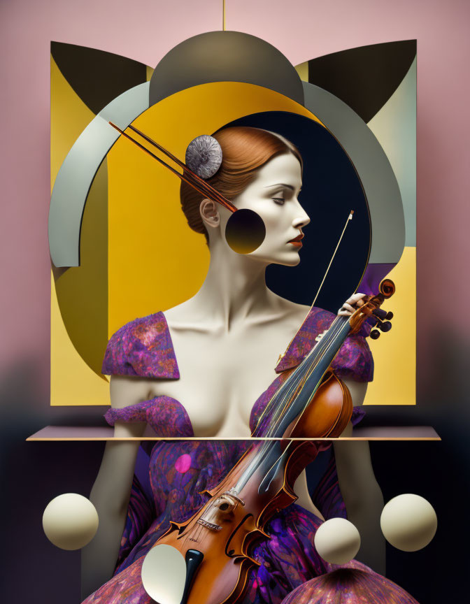 Surreal woman with violin in abstract geometric background