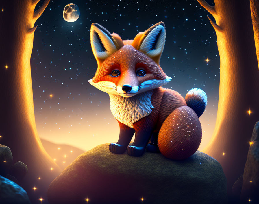 Stylized fox on rock under starry night sky