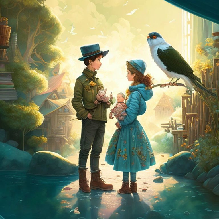 Boy and girl in whimsical forest village with large bird in golden light