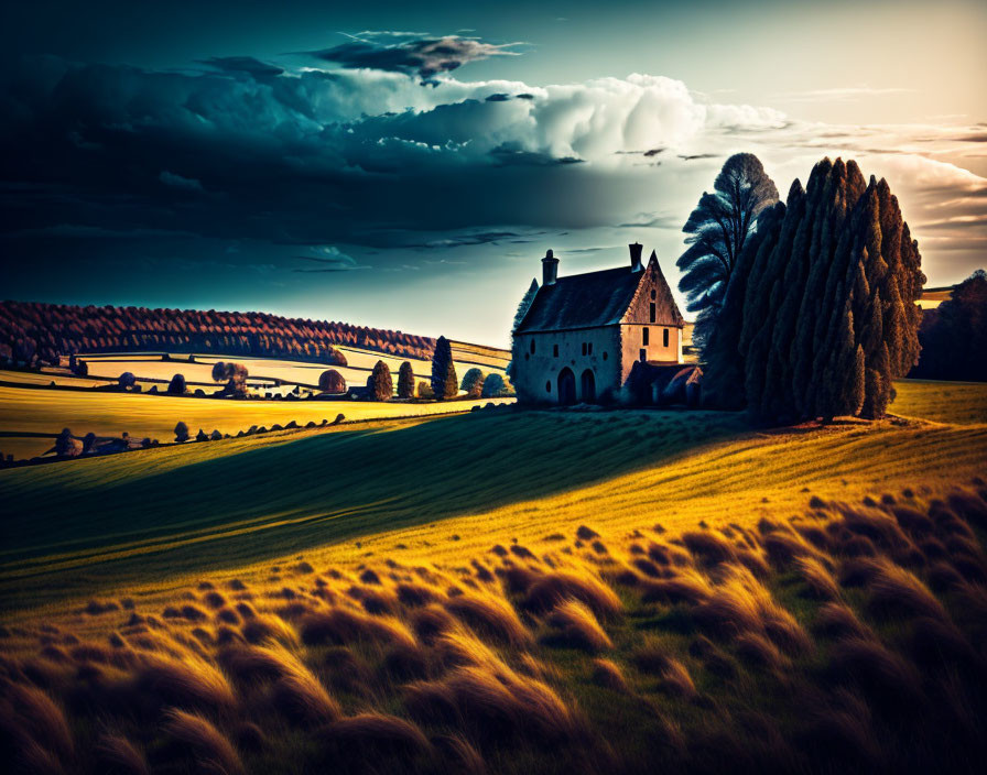 Historic stone house in golden field with tall trees at dusk