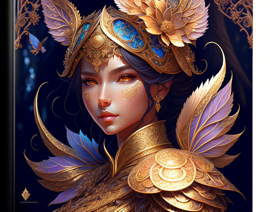 Ornate golden headgear and armor on illustrated female figure