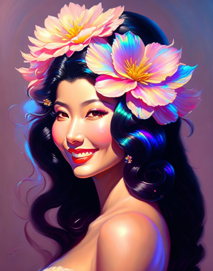 Smiling woman portrait with dark hair and vibrant flowers