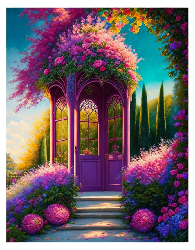 Vibrant Purple Door in Fantasy Garden with Pink Flowers