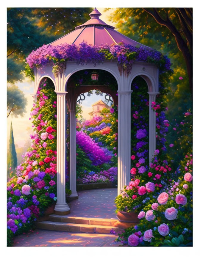 Tranquil garden gazebo at sunset with lush flowers