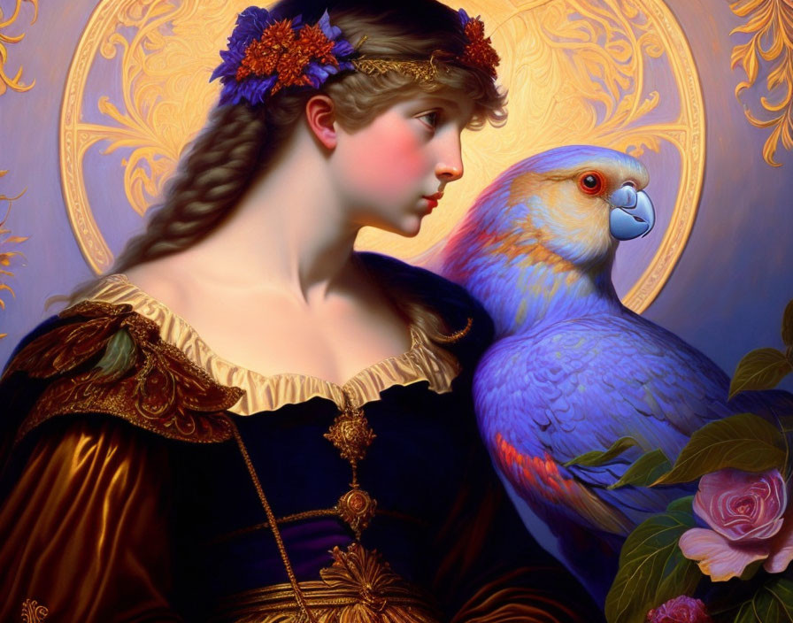 Vintage woman with flower-adorned clothing and colorful parrot in ornate setting