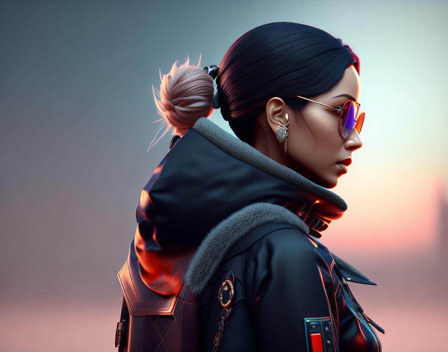 Digital Artwork: Woman with Stylish Bun, Sunglasses, Futuristic Black Jacket