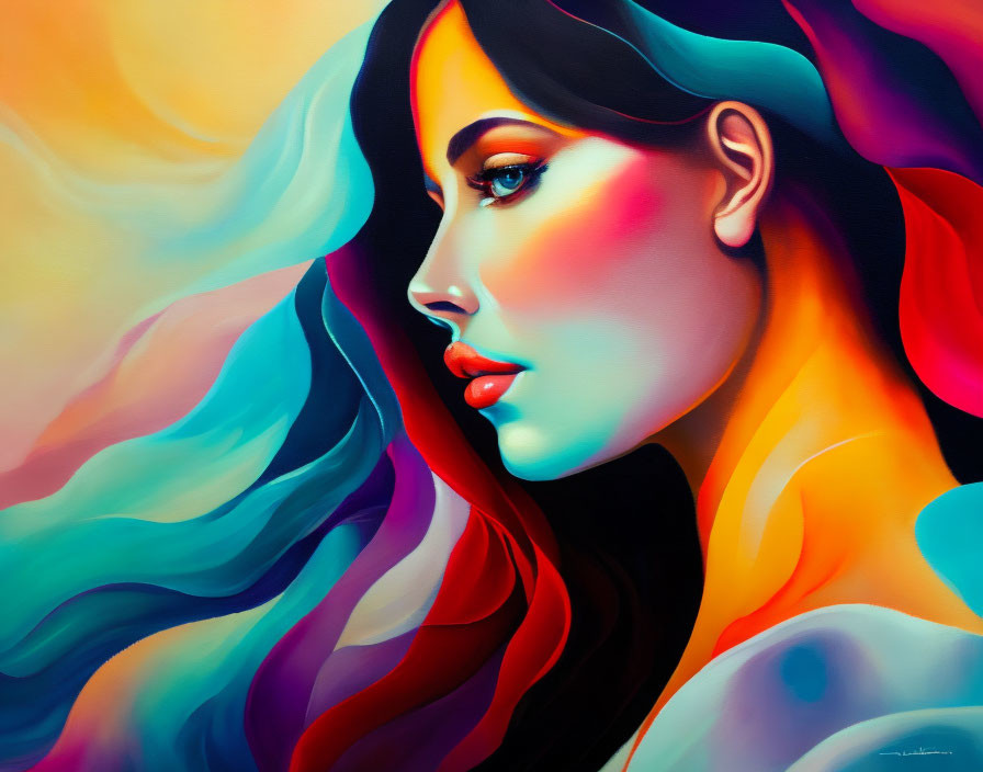 Vibrant portrait of a woman with flowing hair in blue, orange, and pink hues