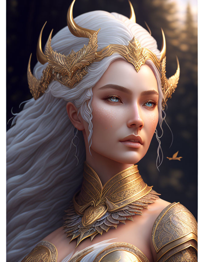 Fantasy female character portrait with pale skin, white hair, blue eyes, gold crown, armor,