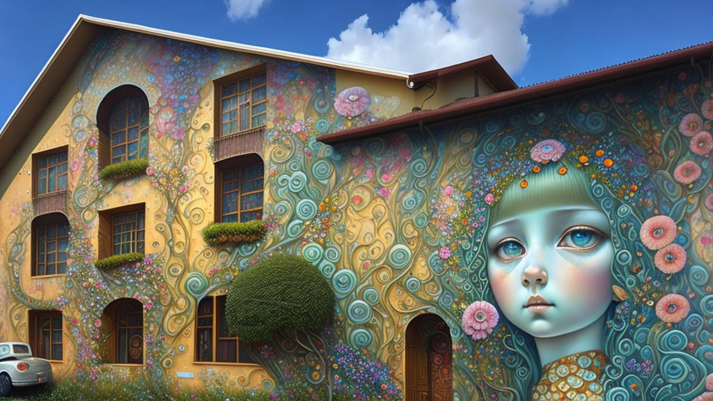 Vibrant mural with girl's face, swirls, flowers, and foliage on building.