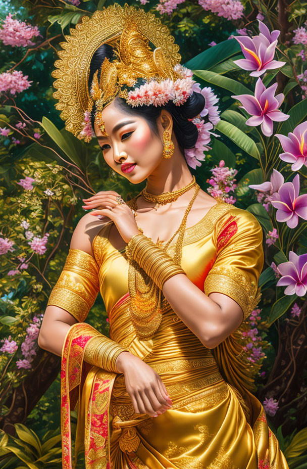 Traditional golden attire woman poses among vibrant pink flowers