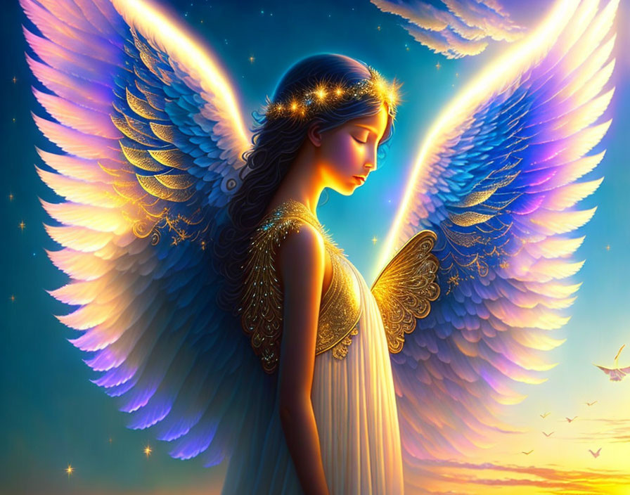 Serene angelic figure with blue wings in celestial backdrop