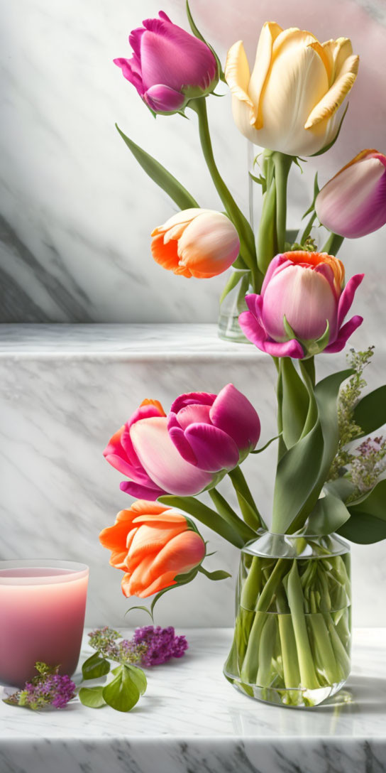 Vibrant tulip bouquet in glass vase with pink candle on marble surface