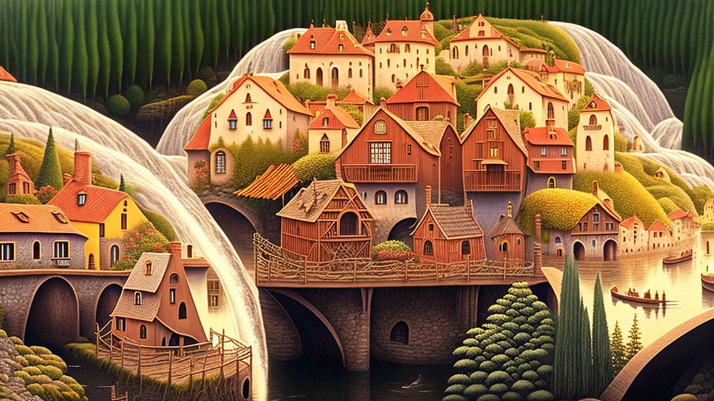 Fantastical landscape with whimsical houses and lush greenery