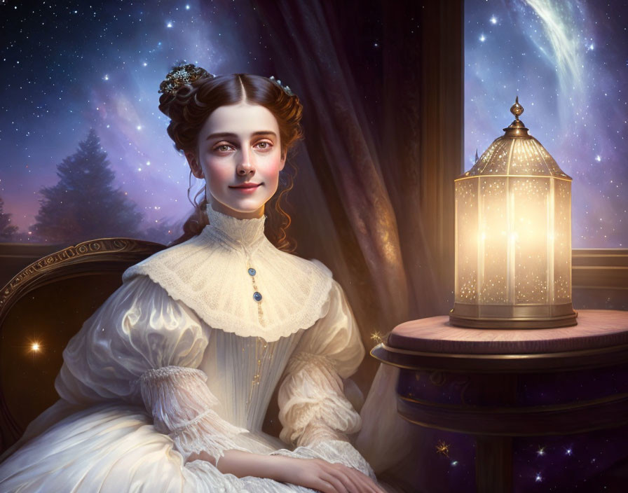 Victorian-era woman with lantern in starry night setting