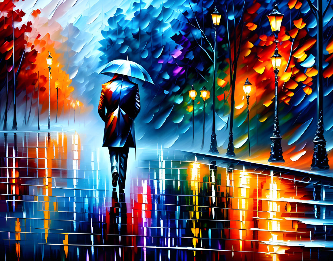 Vibrant painting of person with umbrella on reflective street